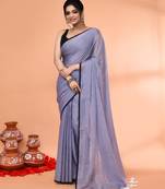 Grey mulmul cotton saree with tassels