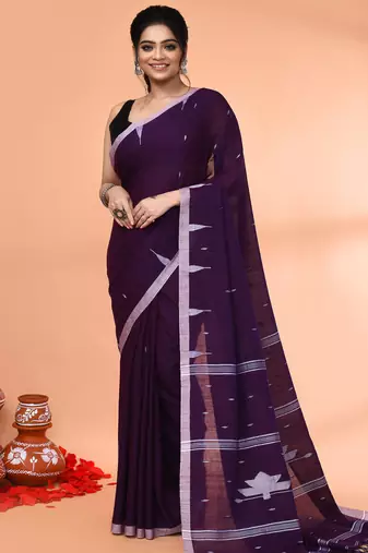 purple mul cotton handloom jamdani saree with blouse piece