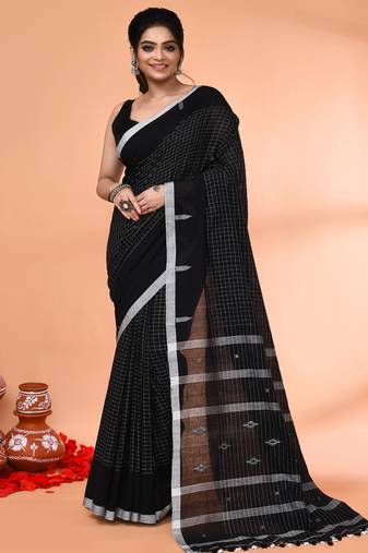 black mul cotton handloom jamdani saree with blouse piece