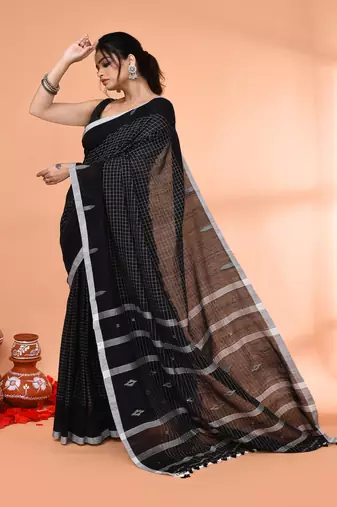 black mul cotton handloom jamdani saree with blouse piece