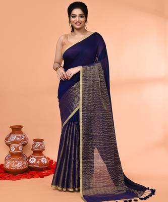 blue cotton handloom saree with gold zari stripes 1