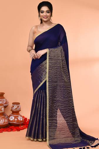 blue cotton handloom saree with gold zari stripes