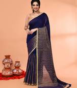 blue cotton handloom saree with gold zari stripes