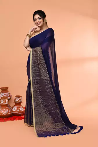 blue cotton handloom saree with gold zari stripes