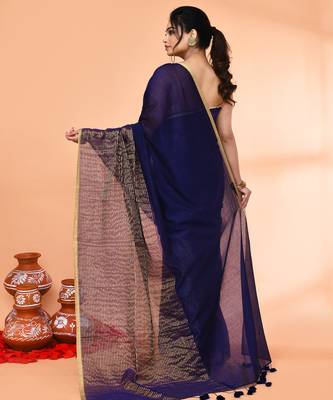 blue cotton handloom saree with gold zari stripes 3