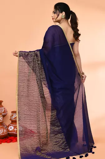 blue cotton handloom saree with gold zari stripes