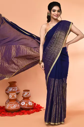 blue cotton handloom saree with gold zari stripes