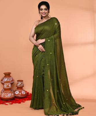 cotton handloom moss green sequin saree with blouse piece 1
