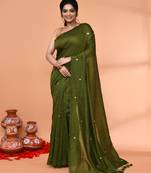 cotton handloom moss green sequin saree with blouse piece