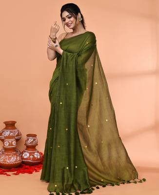 cotton handloom moss green sequin saree with blouse piece 2