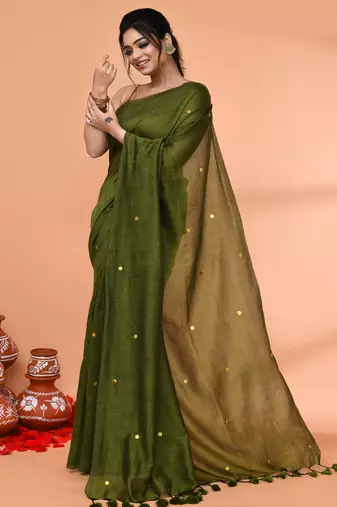 cotton handloom moss green sequin saree with blouse piece