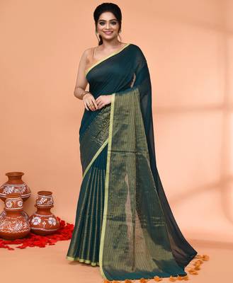 teal cotton handloom saree with gold zari stripes 1