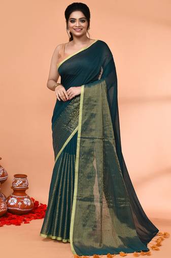 teal cotton handloom saree with gold zari stripes