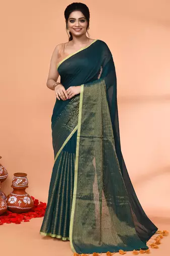 teal cotton handloom saree with gold zari stripes