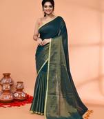 teal cotton handloom saree with gold zari stripes