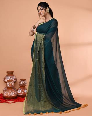 teal cotton handloom saree with gold zari stripes 2