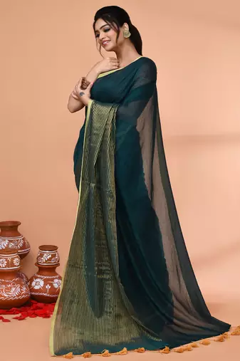 teal cotton handloom saree with gold zari stripes