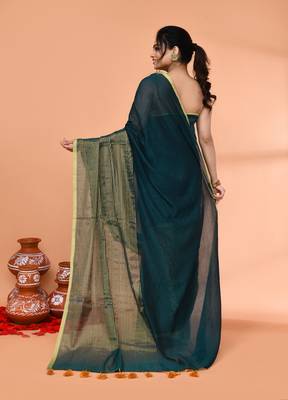 teal cotton handloom saree with gold zari stripes 3