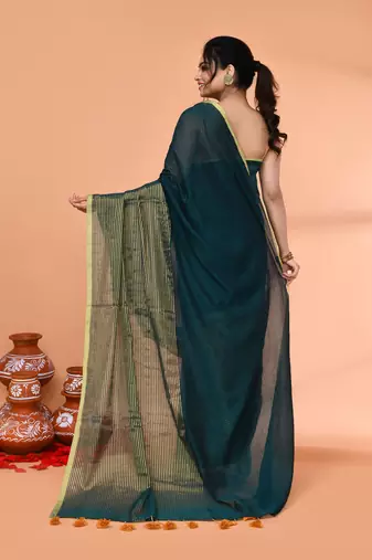 teal cotton handloom saree with gold zari stripes
