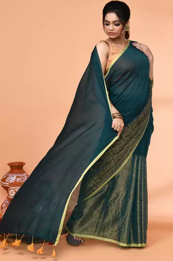 teal cotton handloom saree with gold zari stripes