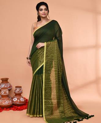 dark green cotton handloom saree with gold zari stripes 1