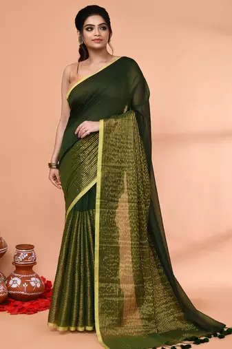 dark green cotton handloom saree with gold zari stripes