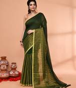 dark green cotton handloom saree with gold zari stripes