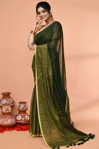 dark green cotton handloom saree with gold zari stripes
