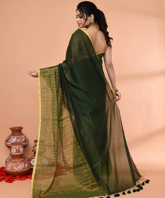 dark green cotton handloom saree with gold zari stripes 3