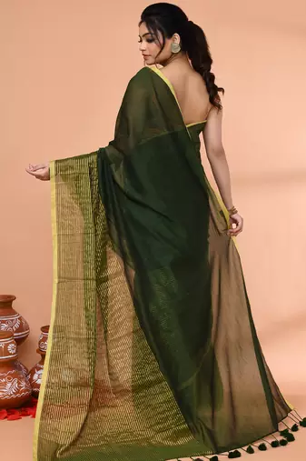 dark green cotton handloom saree with gold zari stripes