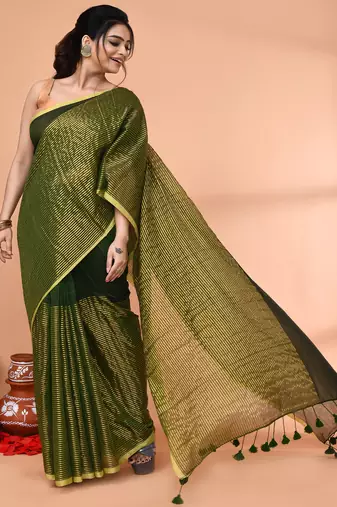dark green cotton handloom saree with gold zari stripes
