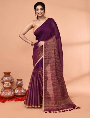 magenta cotton handloom saree with gold zari stripes 1