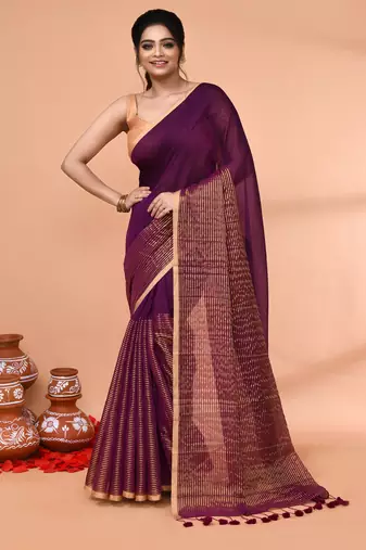 magenta cotton handloom saree with gold zari stripes