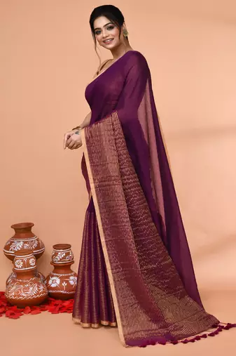 magenta cotton handloom saree with gold zari stripes