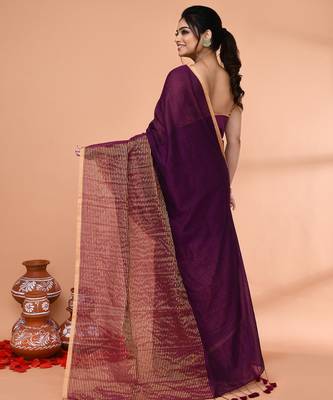 magenta cotton handloom saree with gold zari stripes 3