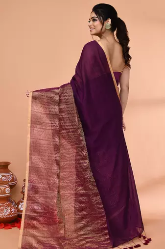 magenta cotton handloom saree with gold zari stripes