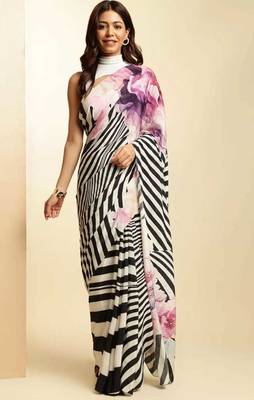 multicolor digital printed stripe saree with blouse 1