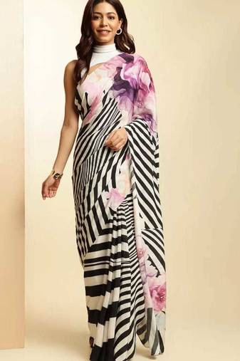 multicolor digital printed stripe saree with blouse