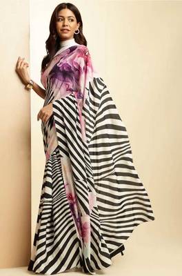 multicolor digital printed stripe saree with blouse 3