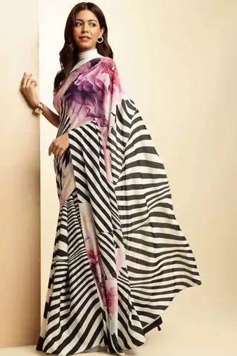 multicolor digital printed stripe saree with blouse