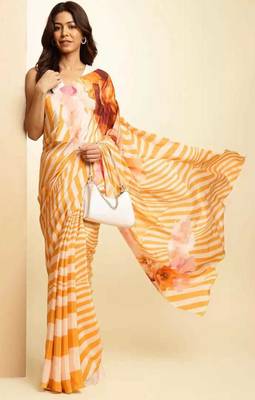 Orange digital printed stripe saree with blouse 1