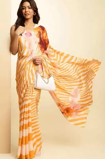Orange digital printed stripe saree with blouse