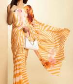Orange digital printed stripe saree with blouse