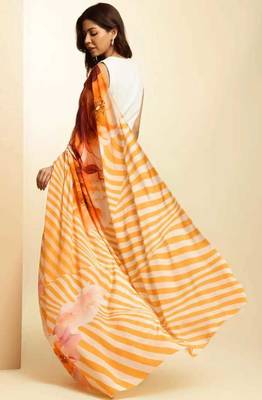 Orange digital printed stripe saree with blouse 2