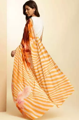 Orange digital printed stripe saree with blouse