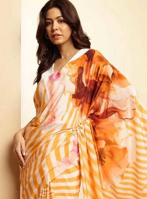 Orange digital printed stripe saree with blouse 3