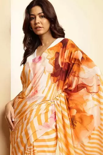Orange digital printed stripe saree with blouse