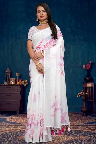 White floral digital printed saree with blouse