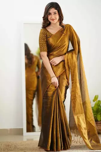 Yellow cotton printed plain saree with blouse