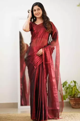 Red cotton printed plain saree with blouse